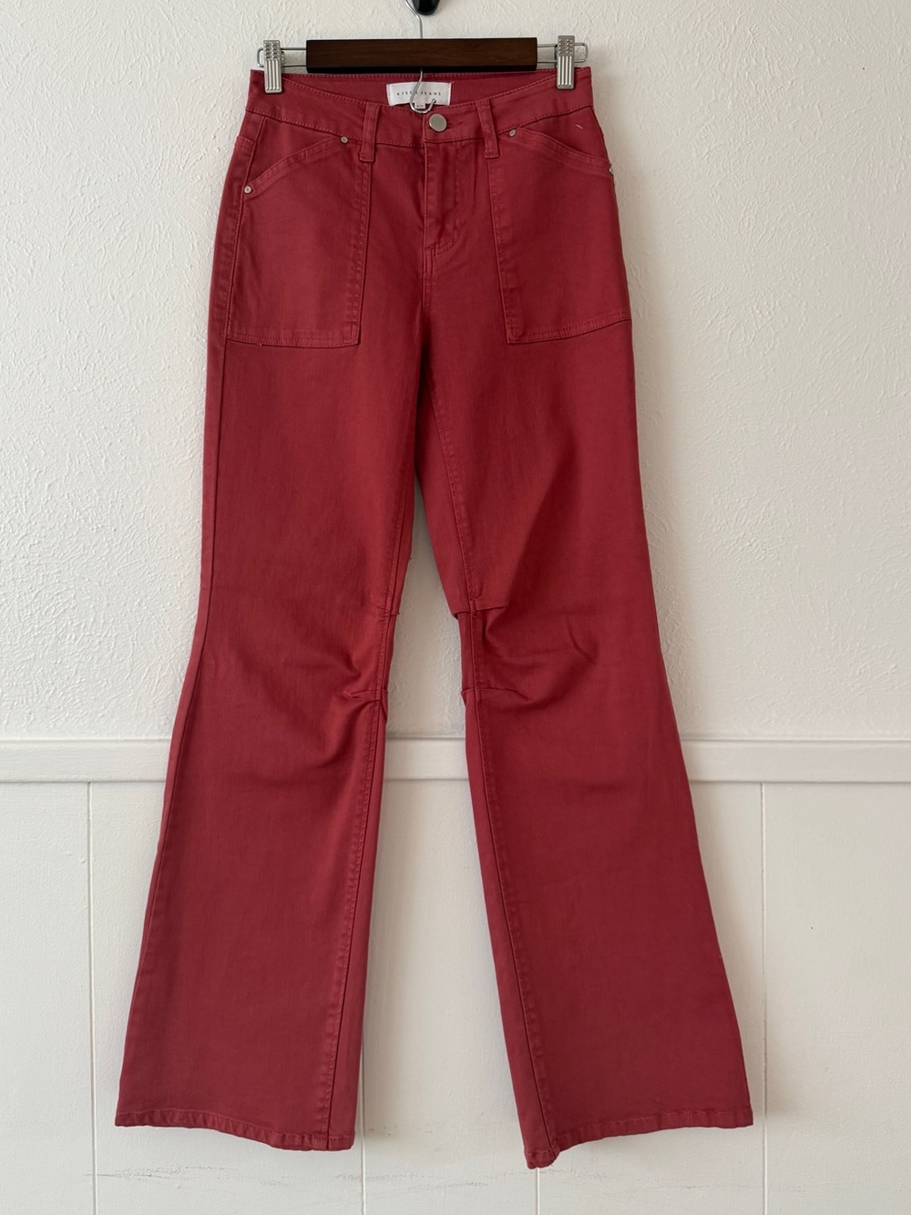RISEN Jeans Women’s 0/24 Brick Red High Rise Flare Patch Pocket Denim Pants